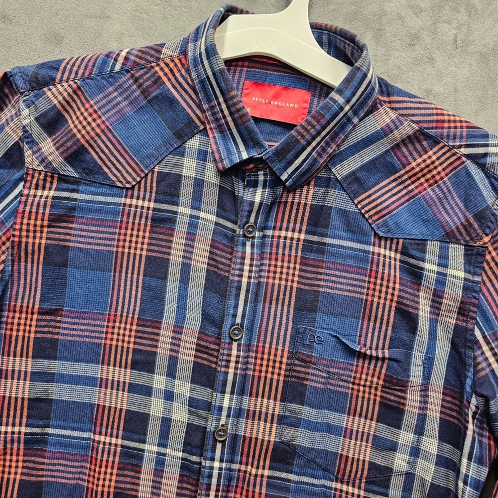 Peter England Mens Super Slim Fit Western Plaid Button Down Shirt Blue Orange L